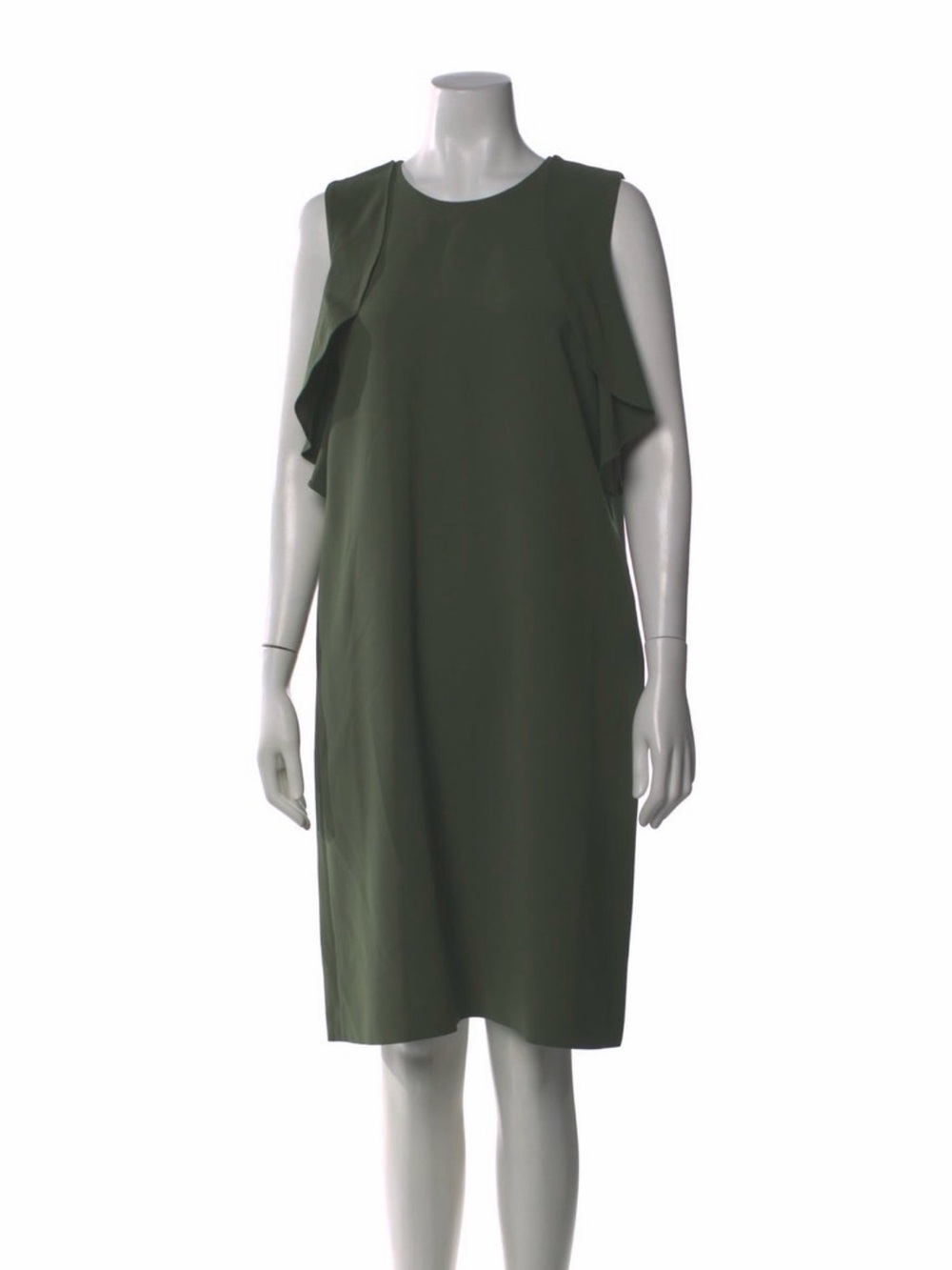 Lafayette 148 New York Olive Green Ruffle Shift Dress Viscose Pockets NWT Medium